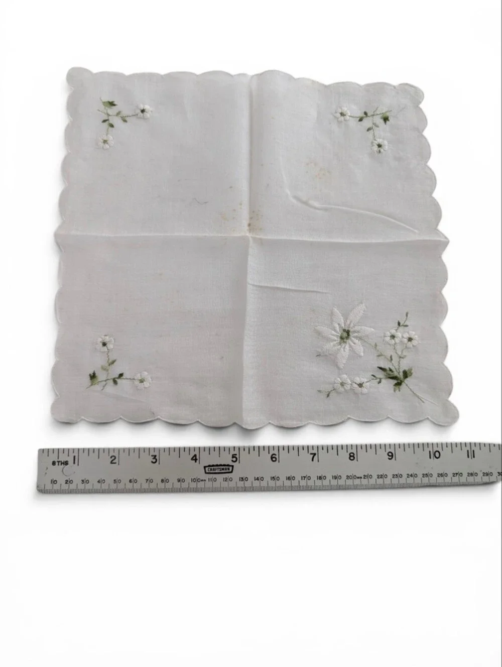 VINTAGE Hankerchief Embroidered White Linen Green Floral Design